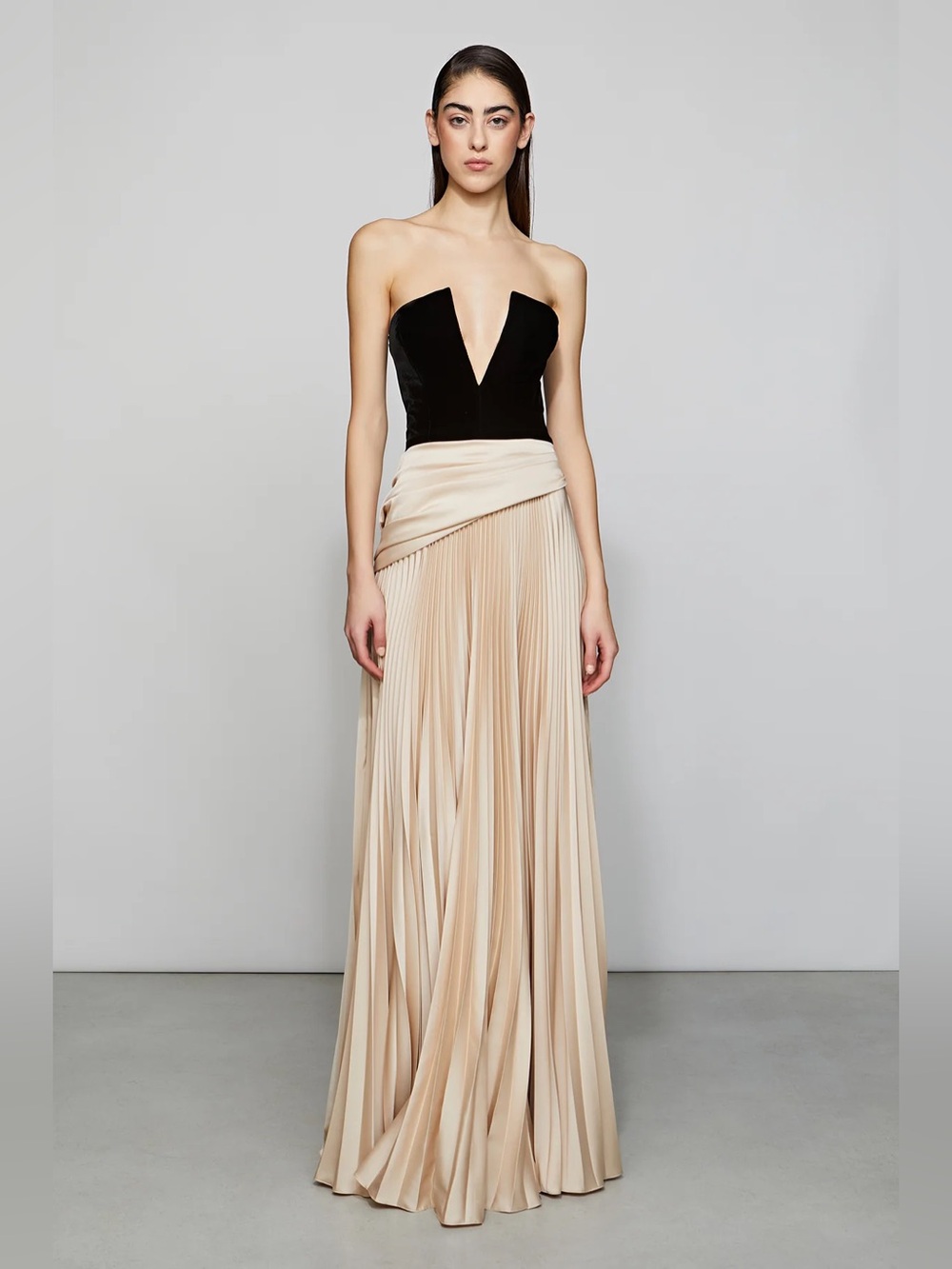Et Ochs Tabitha Gown Strapless Black Bodice with Cream Pleated Maxi Skirt